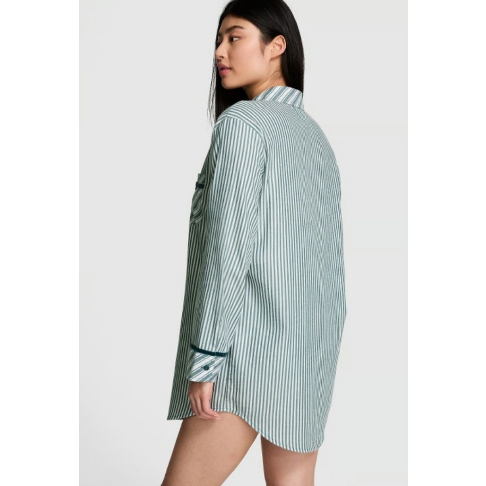 PINK Victoria's Secret Green Striped Flannel Velvet-Trim Sleepshirt XS ๐ - Picture 2 of 3
